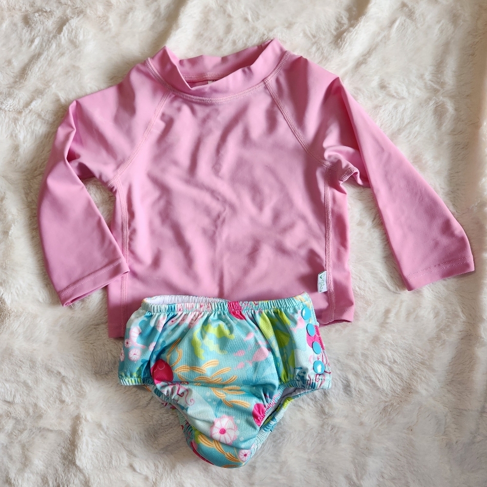 Green Sprouts Pink Long Sleeve Rash Guard and Swim Diaper, 12 Months